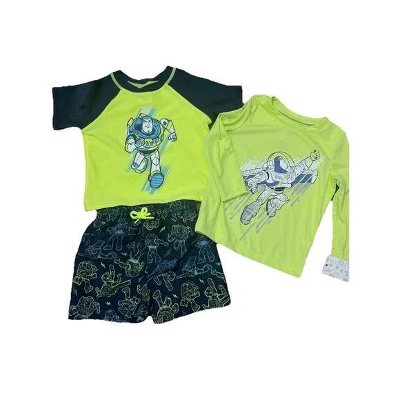 Boys 3pc Swimsuit Set 18 M Toddler Swim Trunks Shirt Rash Guard Buzz Lightyear - Picture 2 of 7